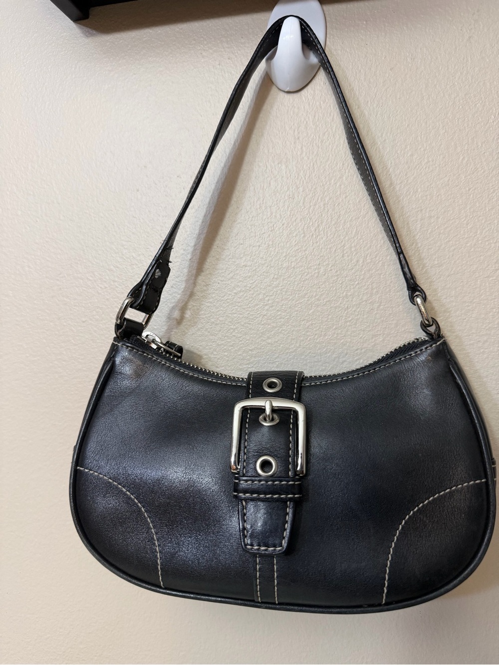 Vintage Coach #9354 Black Leather Shoulder Bag with Buckle Detail